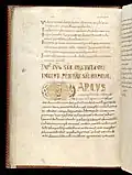 Folio 44v. At the beginning of the preface of Mark, the word 'Marcus' is decorated with geometric interlace.