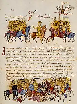 a. Thomas the Slav negotiates with the Saracens, b. Thomas's troops defeat the Imperial army