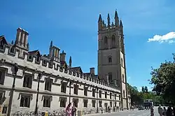Magdalen College with its tower, at the eastern end of the High Street