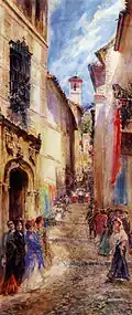 Procession of the Viaticum on the street of Zafra, the Albaicín by Manuel Ruiz Sanchez Morales (1853–1922), stored at Biblioteca Provincial de Granada