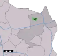 The town centre (dark green) and the statistical district (light green) of Ootmarsum in the municipality of Dinkelland.