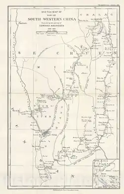 1900 map illustrating Amundsen's journey in Sichuan, East Tibet and Yunnan.