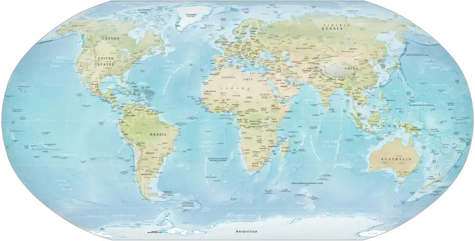 Image 2 Robinson projection Map credit: Central Intelligence Agency The Robinson projection is a projection of a world map showing the entire Earth at once. It was specifically created in an attempt to find a good compromise to the problem of showing the whole globe as a single flat image. The projection was devised by Arthur H. Robinson in 1963; distortion is severe close to the poles, but quickly declines to moderate levels as latitudes decrease. This Robinson-projection map, with standard parallels of 38°N and 38°S, was produced by the United States Central Intelligence Agency and shows the world as of February 2016. More selected pictures
