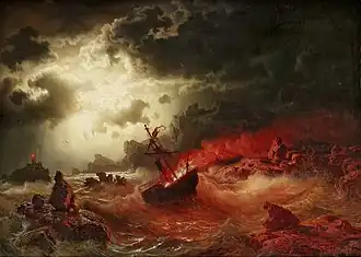 Ocean at Night with Burning Ship