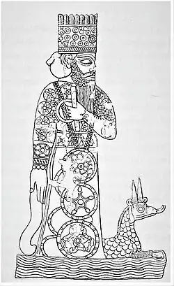 9th century BCE depiction of the Statue of Marduk, with his servant dragon Mušḫuššu at his feet. This was Marduk's main cult image in Babylon.