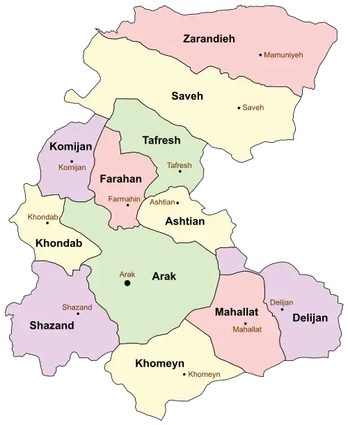 Location of Saveh County in Markazi province (top, yellow)