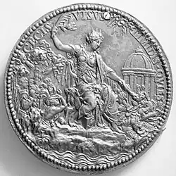 Reverse of the marriage medal of Mary I, inscribed CECIS VISVS TIMIDIS QVIES - "Sight for the Blind, Tranquility for the Fearful".[15]