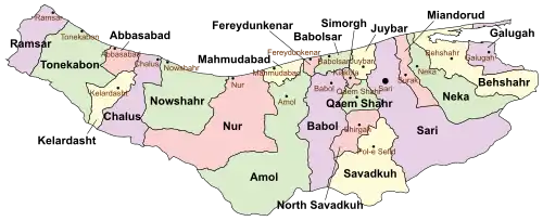 Location of Neka County in Mazandaran province (right, green)