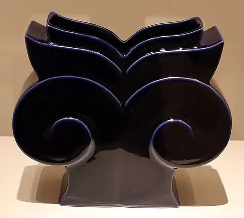 Postmodern volutes of a vase inspired by the Ionic capital, designed by Michael Graves for Swid Powell, 1989, glazed porcelain, Indianapolis Museum of Art, Indianapolis, US[15]