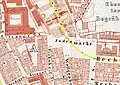 1862: The square area defined by the Hospital of the Israelitische Krankenkassen (Isr. Krankenkasse) and the row of six small hospital houses (no. 22–32) is roughly the area of today's Neuer Börneplatz.