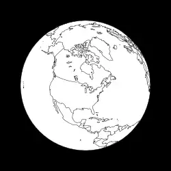 Figure 9: View of the Earth four hours before apogee from a Molniya orbit under the assumption that the longitude of the apogee is 90° W. The spacecraft is at an altitude of 24,043 km over the point 87.35° W 47.04° N.