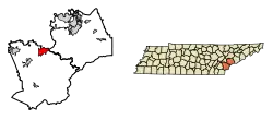 Location of Vonore in Monroe County, Tennessee.
