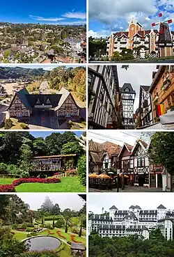 From the top and left to right: Aerial view of Capivari neighborhood; Vila Holandesa; Campos do Jodão city gate; Boulevard Geneve; Amantikir School; Djalma Forjaz Street; Amantikir Gardens; Home Green Home Hotel.