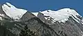 Mount Mummery's 3331-metre summit left, 3320-metre summit right