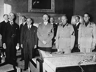 Chamberlain, Daladier, Hitler, Mussolini, and Italian foreign minister Count Ciano as they prepared to sign the Munich Agreement