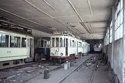 The cars of The Hague 274, 58, 824 and 826 in the Karperweg yard.