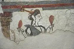 Painting of a woman with skin rendered in white, holding up two bundles of grain