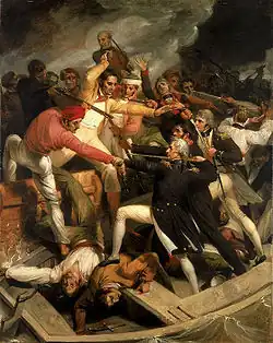 Richard Westall's Nelson in conflict with a Spanish launch, 3 July 1797; 1806.[120]