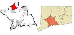 Waterbury's location within New Haven County and Connecticut