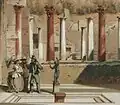 Detail of an illustration from 1854. Impluvium with a small fountain in the center and copy of the Faun on the edge.[4]