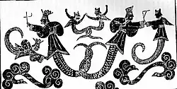 Nüwa and Fuxi surrounded by other flying immortals, Han dynasty.