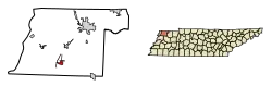 Location of Obion in Obion County, Tennessee.