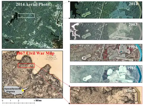 Image 45A US civil war hachure paper map made in 1867 by Cartographer Nathaniel Michler vs. modern aerial photos over Chancellorsville, Virginia (from History of cartography)
