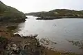 Oldany Island on the right, seen from the mainland (left)