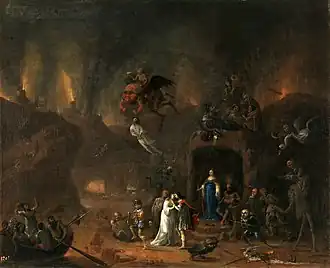 Orpheus descends to Hades to rescue his wife Eurydice. This 1652 oil painting from the Prado Museum is by Pieter Fris.