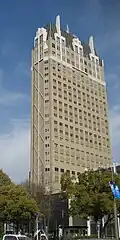 View of a tall, slender, gray structure