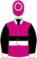 Cerise, black, white hoop, black sleeves, white collar and cuffs, cerise cap, white hoop