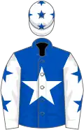Royal blue, white star, white sleeves, royal blue stars, white cap, royal blue stars
