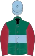 Dark green, light blue hoop, maroon sleeves, light blue cap
