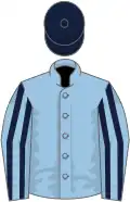 Light blue, dark blue striped sleeves, dark blue cap