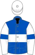 Royal blue, white hoop, white sleeves, royal blue armlets, white cap
