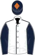 White, dark blue seams, dark blue sleeves, grey seams, dark blue cap, orange diamond