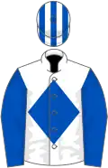 White, royal blue diamond and sleeves, striped cap