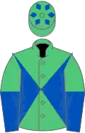 EMERALD GREEN and ROYAL BLUE DIABOLO, halved sleeves, emerald green cap, royal blue diamonds