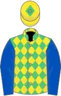 Emerald green and yellow diamonds, royal blue sleeves, yellow cap, emerald green diamond