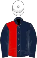 Dark blue and red halved, dark blue sleeves, white cap