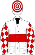 White, red hoop, diamonds on sleeves, hooped cap