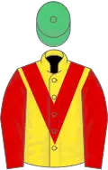 Yellow, red chevron and sleeves, emerald green cap