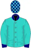 Turquoise, navy blue collar and cuffs, check cap