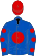 Royal blue, red disc, spots on sleeves, red cap