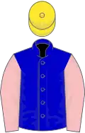 Blue, pink sleeves, yellow cap