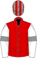 Red, white sleeves, grey armlet, red and grey striped cap