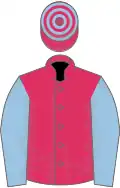 Cherry, light blue sleeves, hooped cap