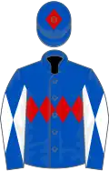 Royal blue, red triple diamond, royal blue and white diabolo on sleeves, royal blue cap, red diamond