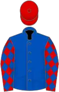 Royal blue, red sleeves, royal blue diamonds, red cap