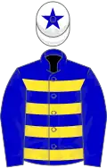 Blue and yellow hoops, blue sleeves, white cap, blue star